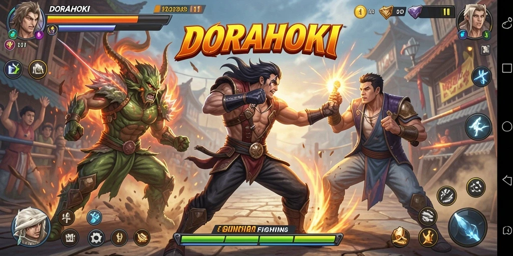 Tangkapan layar dari gameplay DORAHOKI menampilkan aksi pertarungan yang mendebarkan.