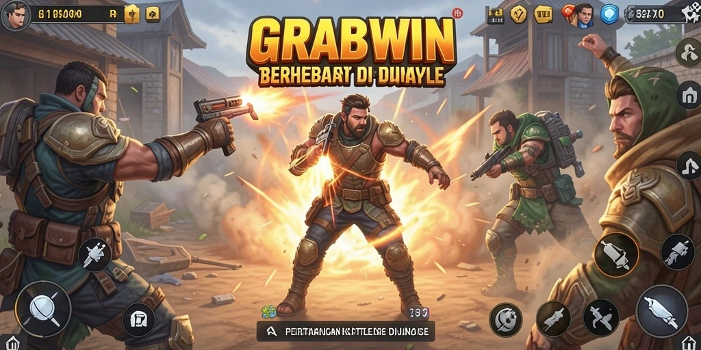 Tangkapan layar utama GRABWIN menampilkan aksi Battle Royale yang menegangkan.