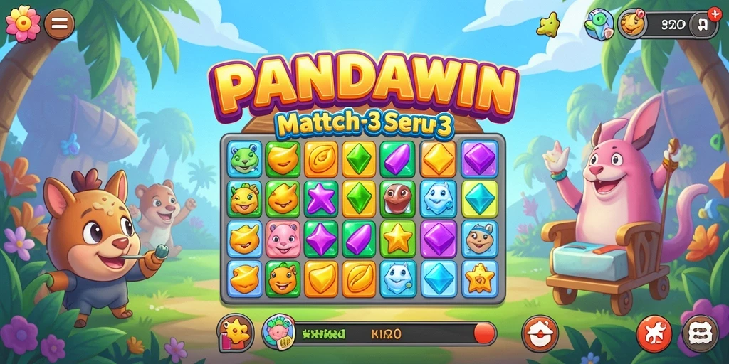 Gameplay seru PANDAWIN dengan grafis menarik dan tantangan Match-3.