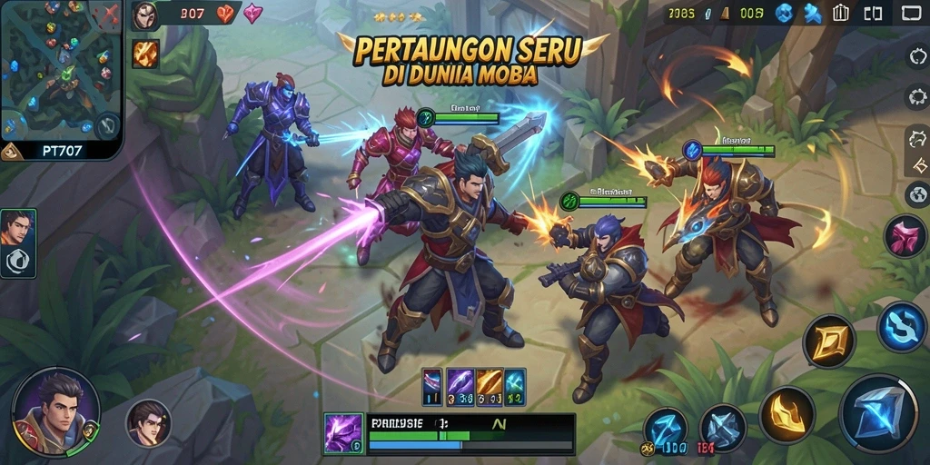 Tampilan utama gameplay PT707 dengan aksi MOBA yang intens.