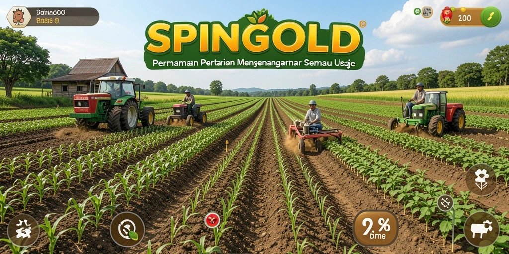 Tampilan gameplay SPINGOLD yang menampilkan ladang dan hewan peliharaan yang sehat.