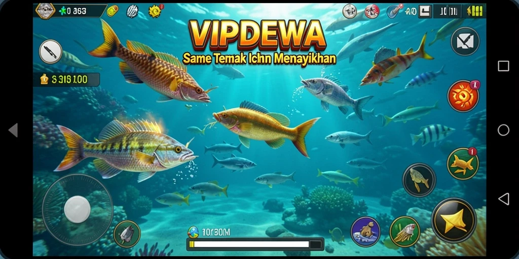 Tampilan gameplay seru dari VIPDEWA dengan berbagai ikan menunggu untuk ditangkap.