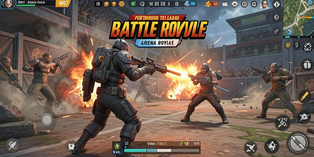 Screenshot utama W67 menampilkan serunya aksi Battle Royale.