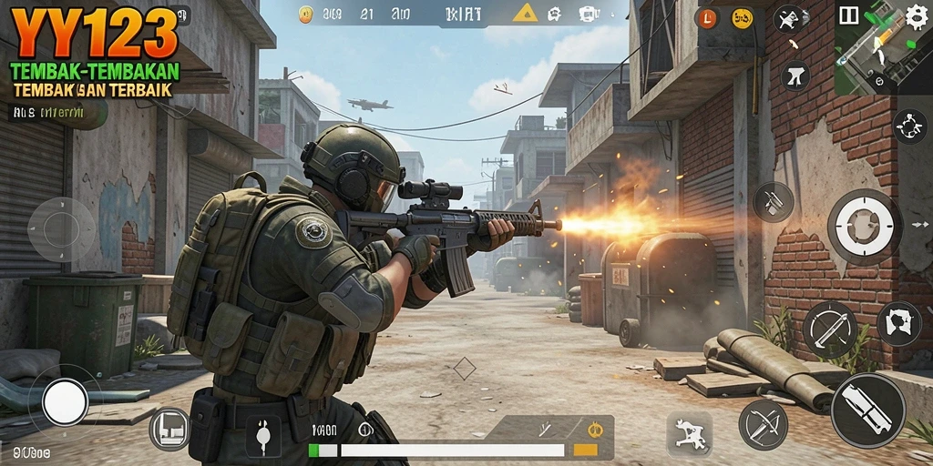 Tampilan gameplay seru dalam YY123 dengan aksi tembak-menembak.